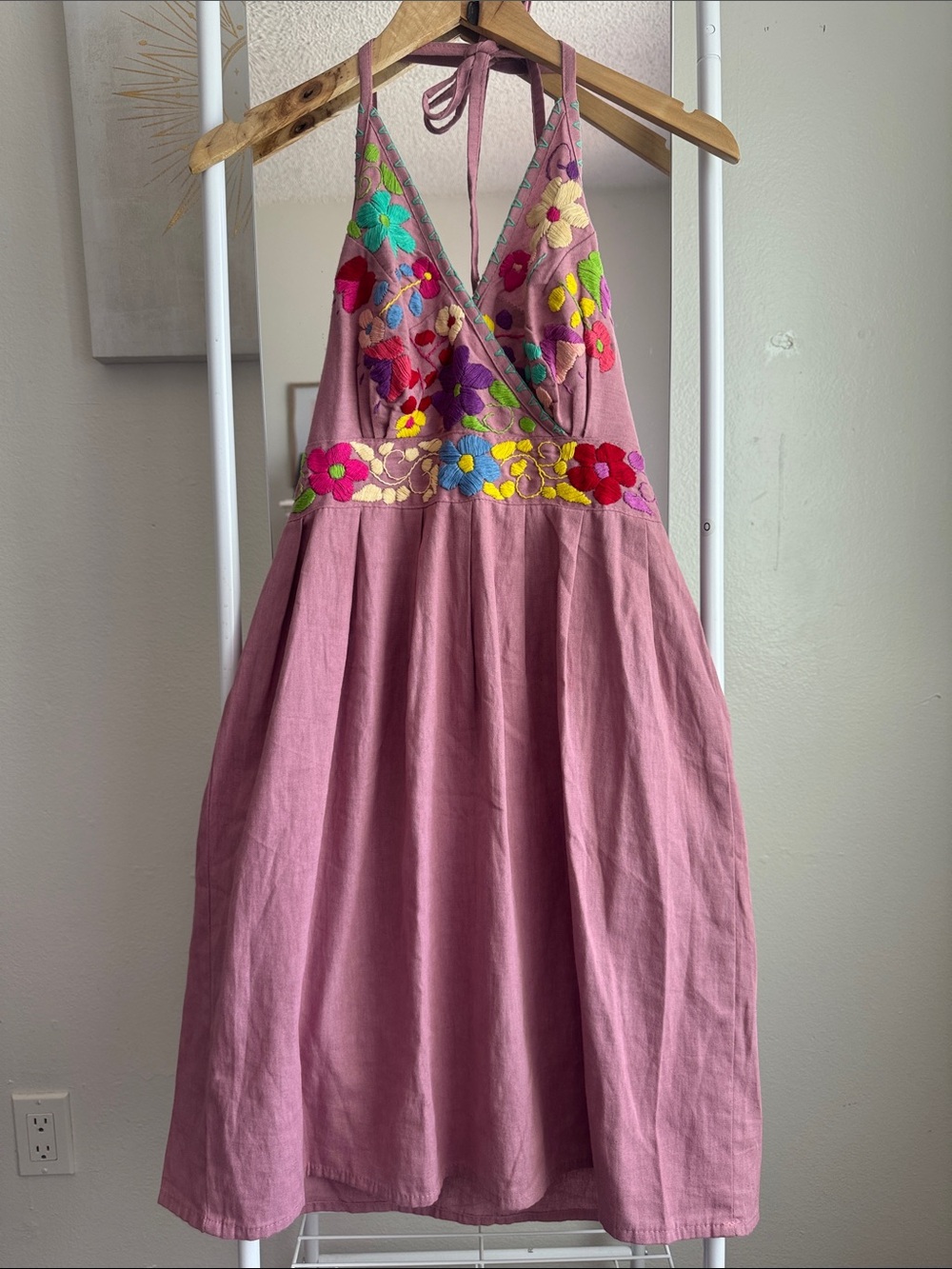 Cotton Linen Pink Floral Embroidered Halter Dress from Quintana Roo Women’s S/M